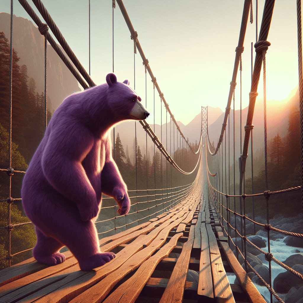Surreal Bear on a Wooden Suspension Bridge