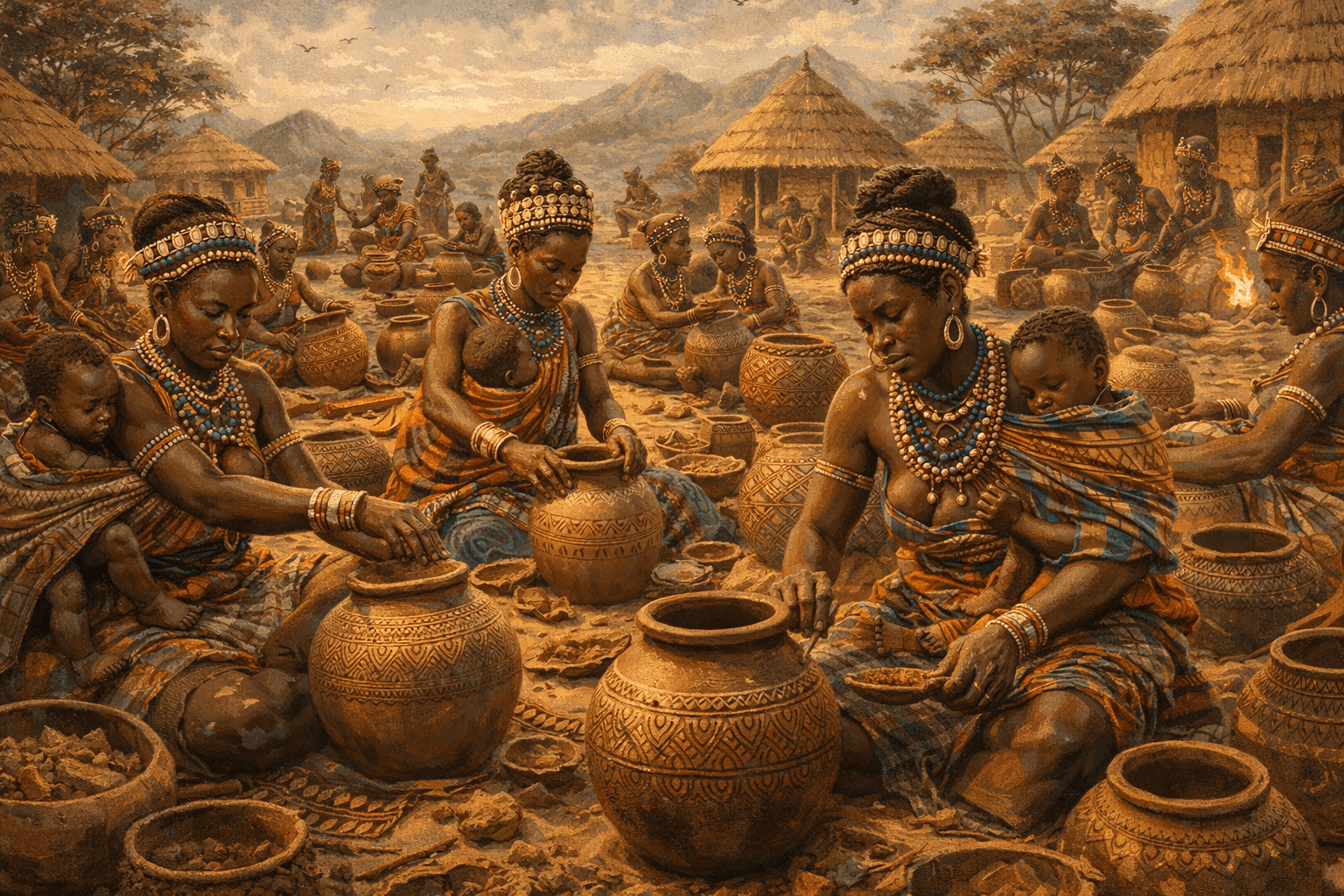 Traditional African Pottery Village Scene